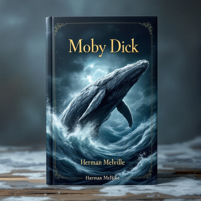 A dominant illustration of a colossal, majestic whale breaching the ocean surface, surrounded by swirling, tumultuous waves and a dark, cloudy sky. The background features a subtle, mystical glow to infuse a sense of fantasy. The colors are rich blues and deep grays, with hints of luminescent whites highlighting the whale's body.