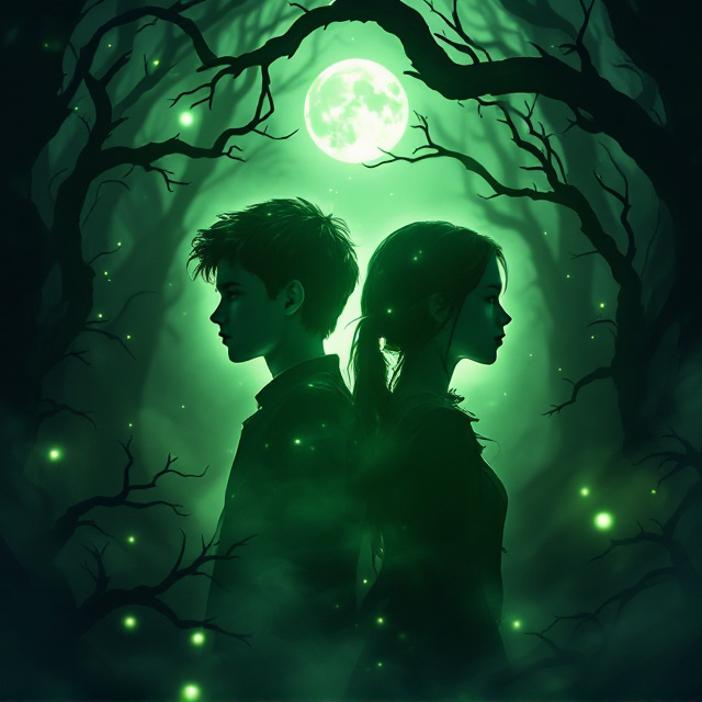 A boy and a girl are back-to-back, their profiles faintly illuminated by a mystical greenish glow. Both faces are partially obscured by swirling mist and shadowy, creeping tree branches that extend inward from the edges of the cover. The branches form an enigmatic frame around them, blending into a dense forest that fades into black at the edges. Small specks of glowing green orbs appear, like will-o'-the-wisps, scattered in the background to enhance the lively, fantasy atmosphere. A faint celestial aura hovers overhead amidst the darkness—the suggestion of a rising or setting moon partially hidden by the branches above.