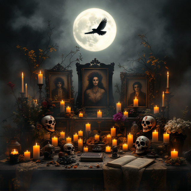 The cover features a deeply shadowed and intimate scene of a Día de Muertos altar surrounded by dark mist. The altar is illuminated by countless warm glowing candles, their soft, flickering light highlighting the intricate details of marigold flowers and painted sugar skulls. Sepia-toned portraits stand solemnly within ornate frames, while faint ghostly silhouettes of spirits blend subtly with the mist in the background. Above this ethereal display, the full moon casts a pale silver light onto the scene, and a raven in mid-flight is silhouetted against its glow. Adorning the altar, there is traditional pan de muerto, incense wafting up in smoky streams, and an aged book placed reverently. Leaning into the shadows, an enigmatic figure resembling La Catrina is scarcely visible, seemingly part of the altar itself, adding a haunting, mysterious edge.