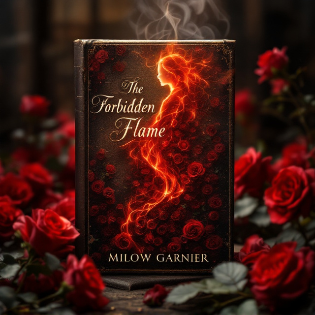 A sultry, evocative scene where a cascading bed of crimson roses mingles with the pages of ancient, weathered books. In the center, a subtle silhouette of a Greek mythological figure like Eros, rendered in shimmering, translucent layers. Soft shadows and warm, golden lighting create an aura of mystery and passion, with faint tendrils of smoke weaving through the composition to suggest the forbidden flame.