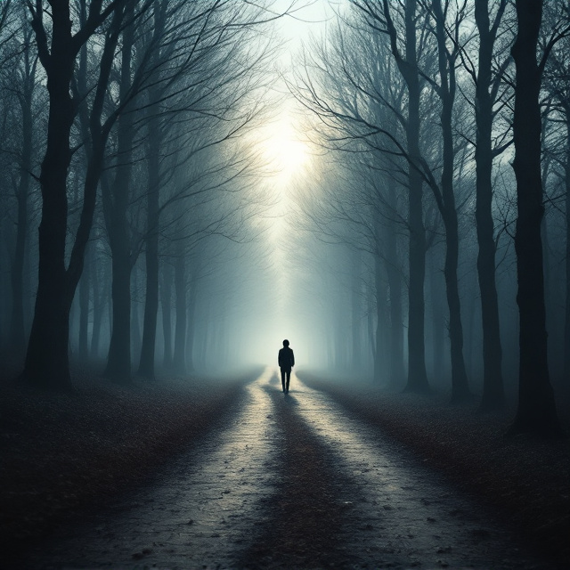 A solitary, narrow path winding through a misty forest with bare trees, captured during early dawn. Faint sunlight filters through the fog, creating an eerie yet hopeful atmosphere. A silhouette of a person standing at a crossroads symbolizes the internal struggle and longing of the subject.