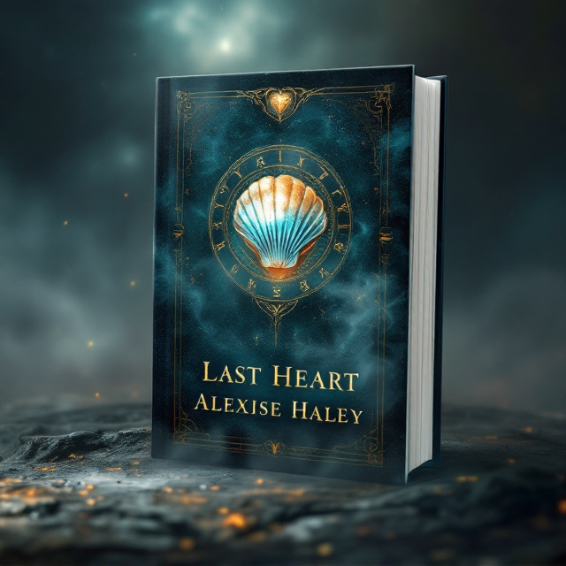 A central conch shell-shaped brooch, shimmering with faint metallic hues such as silver and copper, surrounded by swirling ethereal mist that fades into the shadows of a darkened background. Subtle, faintly glowing runes encircle the brooch, hinting at magical elements. The background gradient flows from deep teal to midnight blue, giving an overall feeling of sorrow mixed with the potential for light.