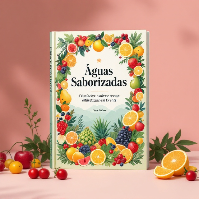 Uma suqueira elegantemente ilustrada cheia de frutas coloridas e ervas frescas, destacando-se no centro da capa. As frutas e ervas são organizadas em camadas vibrantes e cercadas por copos decorados em ambos os lados, com o fundo apresentando um gradiente suave que transita entre tons de verde, azul e amarelo. Pequenos elementos decorativos, como fatias de frutas e folhas de hortelã, estão espalhados ao redor da suqueira para realçar a sensação de frescor.