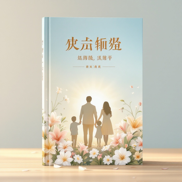A soft gradient background transitioning from a light sky blue to a gentle cream color, reminiscent of a sunrise. The centerpiece is an intertwined family silhouette—parents and two children—surrounded by blossoming flowers (lilies and daisies) that gently spill outward. Petals are scattered delicately across the cover, creating a feeling of warmth and connection. A radiant beam of light emanates from the family, symbolizing love and growth.