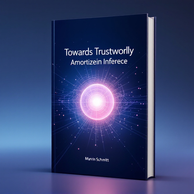 A serene gradient background transitioning from deep blue to soft purple, resembling the calming effect of twilight sky, with geometric lines and a subtle network of nodes resembling neural connections in deep learning. In the center, there’s a faintly glowing sphere emitting gentle rays of light, representing Bayesian inference. Tiny, scattered, almost imperceptible, white particles float around, creating curiosity and a feeling of depth.