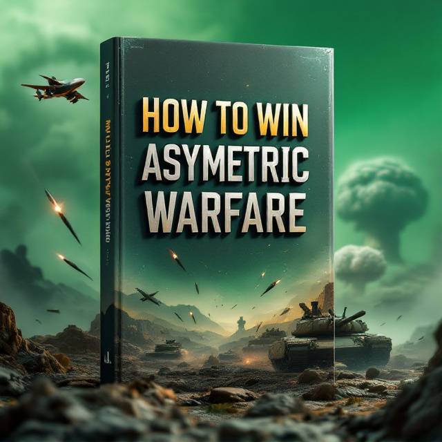 A futuristic battlefield featuring a jet plane flying overhead, tanks moving across rugged terrain, missiles arcing through the sky, and a nuclear mushroom cloud in the background. All elements are set against a gradient green-hued background with subtle metallic accents, suggesting technology and strategy in warfare. The overall lighting evokes a tense feeling, with shadows and highlights emphasizing depth and intensity.