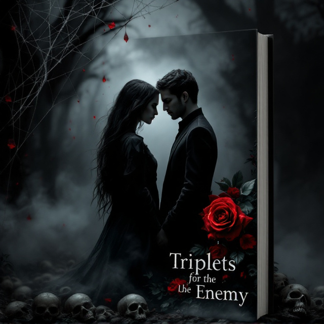 A dark and moody background of black and grey tones, accented by scattered cobwebs draped across jagged edges. A cluster of menacing skulls dominates the lower right corner, blending seamlessly into the shadows. A red rose with drops of dew, resembling blood tears, is placed prominently near the top. A somber yet striking man and woman stand facing away from each other in the center, their figures outlined in dim, eerie lighting. The woman wears flowing dark attire, while the man is clad in an undone suit, each expressing silent anguish. The dark energy pulsates subtly with faint, swirling smoke in the background.