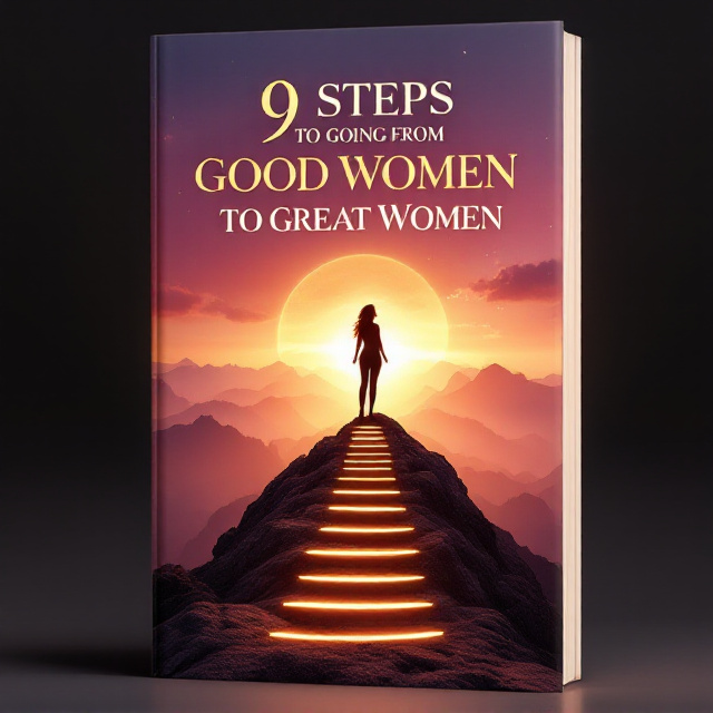 A bold and radiant image of a silhouette of a woman standing tall at the peak of a mountain during sunrise. The sky is painted with gradients of orange, pink, and purple, symbolizing growth, ambition, and transformation. A glowing pathway with distinct steps leading to the summit is incorporated into the design, representing the "9 Steps." The woman is surrounded by subtle golden rays, signifying empowerment and grace, while the background includes scenic landscapes fading in gradients.