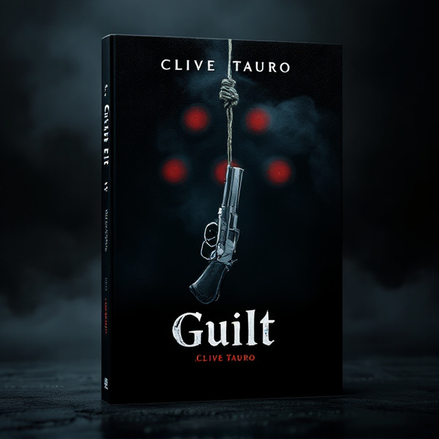 A dark, black background with faint smoke or mist swirling around, creating an aura of mystery. In the foreground, a pistol hangs ominously by a hangman’s knot, slightly tilted, as if suspended in motion. Behind it, five indistinct circular targets in a faded red hue with jagged edges spread across the background, their blurred appearance evoking an unsettling sense of danger. The entire image is slightly shadowed, lending it a cryptic and eerie mood.