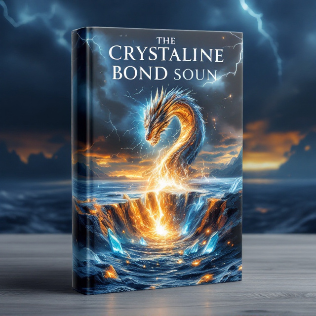 A dramatic scene featuring a massive dragon emerging from a stormy sky, its crystalline scales reflecting the lightning bolts. Below the dragon, a fiery vortex winds into the deep-sea, surrounded by glowing crystal formations and ethereal sparks in the water. The horizon transitions seamlessly from the tumultuous stormy clouds to a serene and hopeful golden light breaking through the darkness.