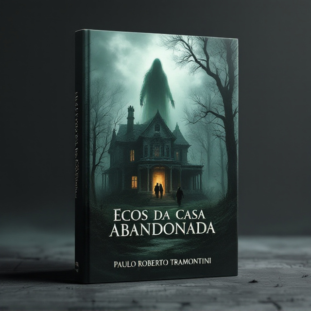 A shadowy, eerie depiction of a once-grand, decaying house surrounded by overgrown trees and fog. The foreground showcases faint silhouettes of a family entering the house, their features indistinct to convey mystery. Above the house, a translucent, ghostly figure subtly emerges, blending into the dark clouds, symbolizing the spirit’s presence. The color palette leans heavily on muted tones—grays, blacks, deep greens, and hints of faded browns—with glowing, pale light emitting from a single window in the house.