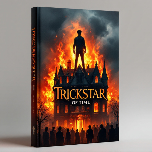 The cover features a striking scene where a young Black teenager is standing atop a burning Victorian-style villa, engulfed in roaring flames of dark red and orange hues. The sky behind him is ominously smoky, adding a dystopian atmosphere. He holds a gleaming weapon in his right hand, a faint reflection of firelight visible on the surface. Below, faceless silhouettes of individuals stand on the streets, gazing up in awe and fascination. The foreground is dominated by intense contrasts of fiery orange and shadowy black, while the background gradually fades into smoky gray tones to emphasize suspense and action.