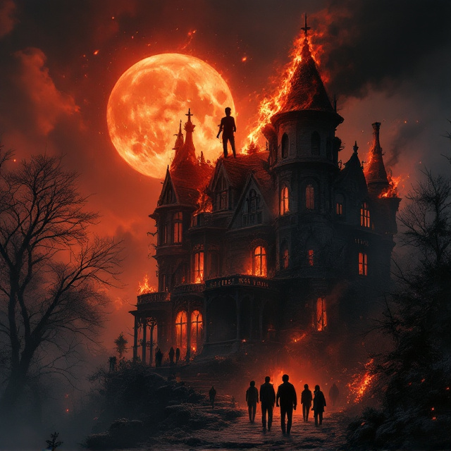 A striking depiction of a black, 15-year-old boy standing on the peak of a gothic, crumbling Victorian villa. The house is engulfed in flames, with deep orange tongues of fire contrasting against a smoky black atmosphere. The scene is bathed in an eerie red moonlight, casting long, unsettling shadows across the layout. The boy remains an enigmatic silhouette, partially hidden in shadow, with the pistol in his right hand faintly reflecting the crimson glow. Below, dozens of passersby in chaotic motion stop to gaze upward at the mysterious silhouette, rendered as indistinct figures.