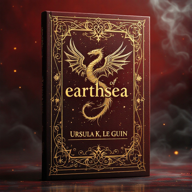 A deep red background with swirling, smokey patterns to evoke a mystical aura. In the center, a vintage-style golden dragon in an elegant yet intricate design, wings spread and tail curling around. Tiny glowing symbols and runes scattered across, like sparks of magic.