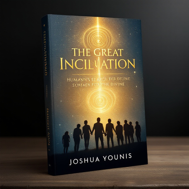 A celestial gradient background transitioning from deep navy blue at the bottom to a radiant golden hue at the top, symbolizing humanity's journey toward divinity. A silhouette of a group of people gazing upward in awe, their forms blending gently with stars. Above them, a faint golden spiral symbolizing divine connection ascends into the golden sky. The edges of the cover are softly feathered to evoke transcendence and mystery.