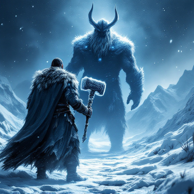 A rugged Viking thief holding a large, frost-covered hammer is depicted prominently in the foreground. His clothing has weathered details of fur and leather, and his shadow stretches dramatically across the icy ground. In the background, Thor, towering and enveloped in a dark aura with subtle glowing elements, looms intimidatingly. Snowy mountaintops rise in the far distance, and the dark blue sky is streaked with faint traces of silver. Frost and shadow interplay throughout, creating a mysterious yet heroic atmosphere.