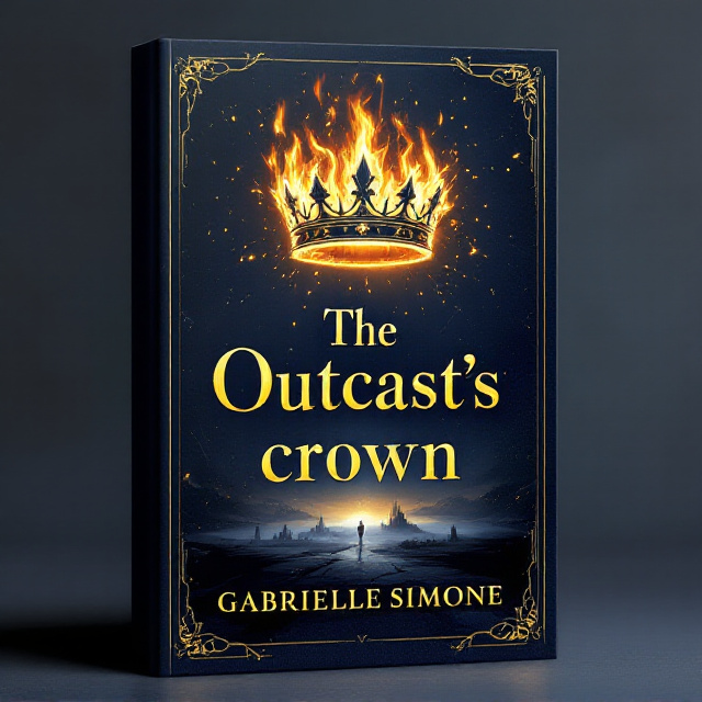 A midnight blue or indigo background with a burning golden crown in the top-center of the cover. The crown is engulfed in subtle flames of gold and orange, emitting sparks that trail off into the night. Below the crown is a fractured mirror surface, reflecting broken and distorted pieces of the crown. On the horizon of the mirror-like surface lies a crumbling kingdom silhouetted against faint, threatening wisps of light and shadow in hues of silver and deep gray. The edges and borders of the cover lightly glow with golden accents, creating a sense of fragile hope amidst the darkness.