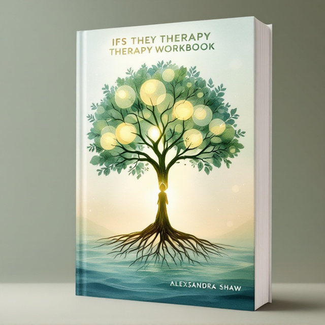 A glowing tree with visible roots and branches in soft watercolor textures is centered against a flowing gradient background of muted earth tones transitioning from sage green to soft teal. A human silhouette filled with light is subtly integrated within the tree, symbolizing connection and growth. Intersecting soft, translucent overlapping circles create a calm, symbolic representation of harmony. Gentle flowing water elements feature on the bottom edge of the cover, adding fluidity and tranquility.