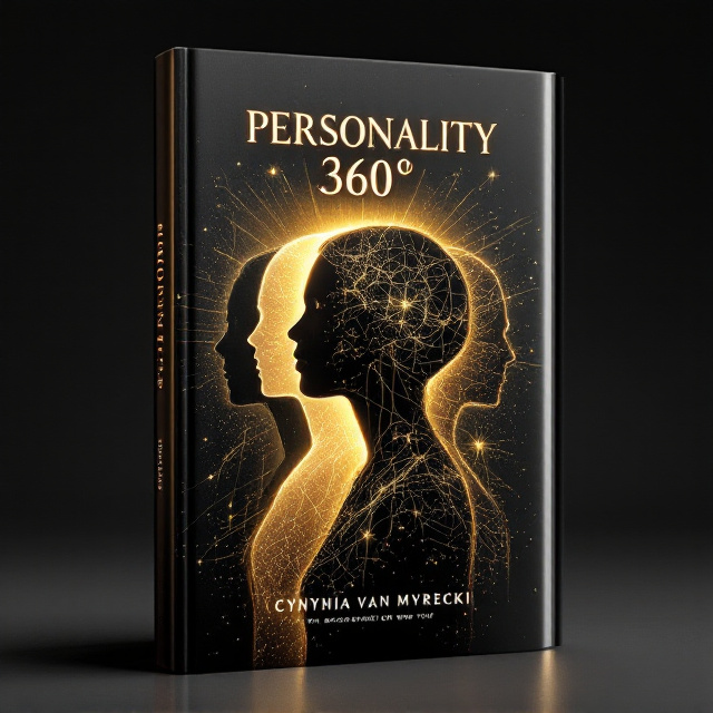 A detailed silhouette of a person is featured from three distinct perspectives on a black background the left side displays their side profile, the center shows a front-facing image of the same individual, and the right side captures their back view. The silhouettes are connected through futuristic golden beams of light shining from the center, symbolizing enlightenment and discovery. Surrounding each silhouette are intricate 3D, swirling patterns resembling constellations and neural networks, embodying intricacy and curiosity. A sophisticated torch beam cuts diagonally across the cover, emphasizing the "illumination" of personality.
