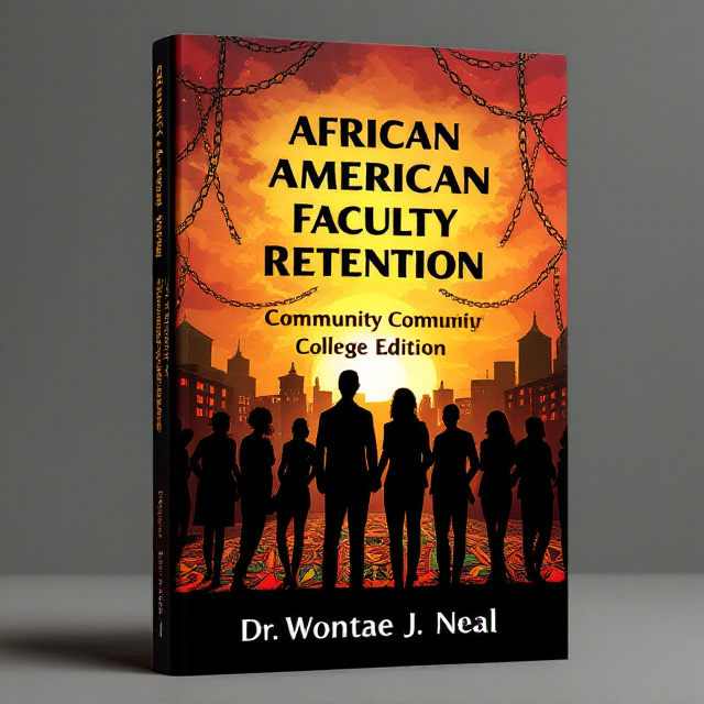 A silhouette of African American educators standing in front of silhouetted community college buildings. In the foreground, vibrant African patterns (red, green, black, gold hues) encircle the figures. The sky above transitions from a deep shade of darkness (symbolizing historical struggles) to a brighter hue (symbolizing hope and intelligence). Subtle chains fading into the African patterns symbolize breaking free from slavery and systemic challenges.