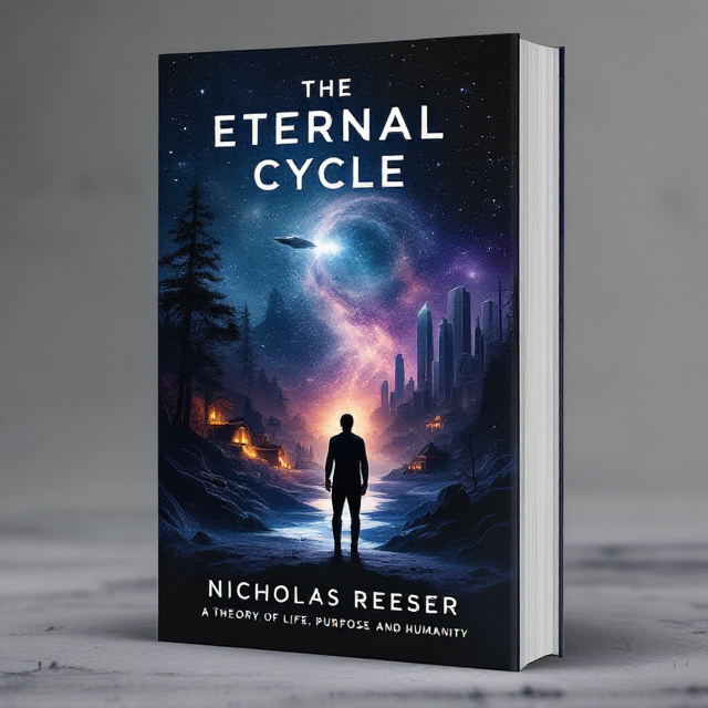 The cover features a lone human silhouette standing at the center, surrounded by two distinct landscapes. On the left side of the human is a primitive civilization, represented by a dense forest, tribal huts, and fires glowing faintly. On the right side is an advanced civilization, depicted by towering skyscrapers, metallic domes, and luminous technology. Above the human, the vast galaxy is portrayed in deep blues, purples, and blacks with scattered stars. A faint starship looms subtly in the distance within the galaxy, shimmering with an ethereal glow. The design conveys contrast, complexity, and mystery all at once.