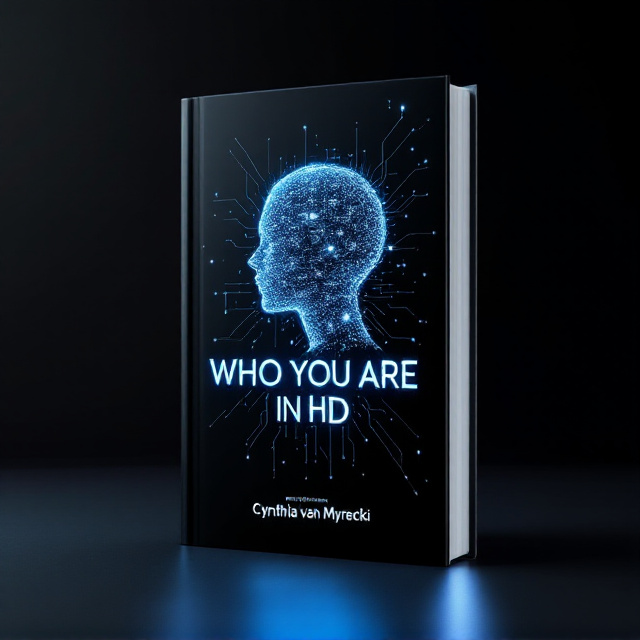 A sleek black background with subtle gradients, representing depth and sophistication. In the center, a three-dimensional representation of a human silhouette formed by vibrant, glowing pixel-like elements in blue, white, silver, and subtle shades of neon purple. Surrounding the silhouette, intricate geometric lines and shapes symmetrically spread out, resembling technology-inspired patterns, invoking curiosity and cutting-edge design. The title "Who you are in HD" appears in bold, modern typography, glowing faintly in white with a high-definition glossy effect, while thin lines resembling video signal waves connect with the glowing text.