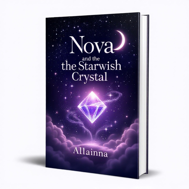 A dark-purple gradient night sky filled with twinkling stars dominates the background. The moon is crescent-shaped and glowing softly near the upper right-hand corner, with mystical light beams radiating outward. At the center of the cover is a magical crystal floating mid-air, surrounded by light sparkles and faint, swirling smoke that resembles a genie-like figure. The edges of the scene blend seamlessly into a velvety black shade for a cosmic, mysterious feel.