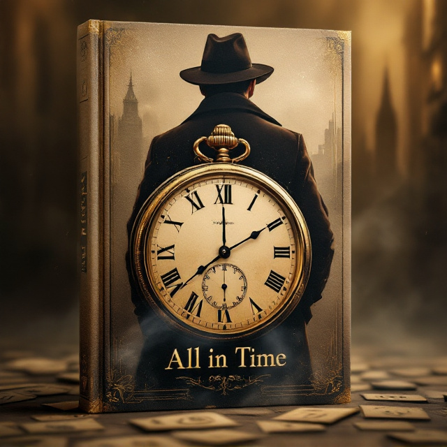 A sepia-toned background evoking the 1919 era overlaying the faint texture of worn parchment. A vintage pocket watch occupies the center, with smoky wisps spiraling around it. Behind the watch, a shadowy figure in a trench coat and fedora stands against a mysterious foggy cityscape, giving a sense of suspense and intrigue. Golden rays subtly emanating from the watch give a surreal glow, while scattered invitation cards drift in the foreground, each inked with cryptic symbols.