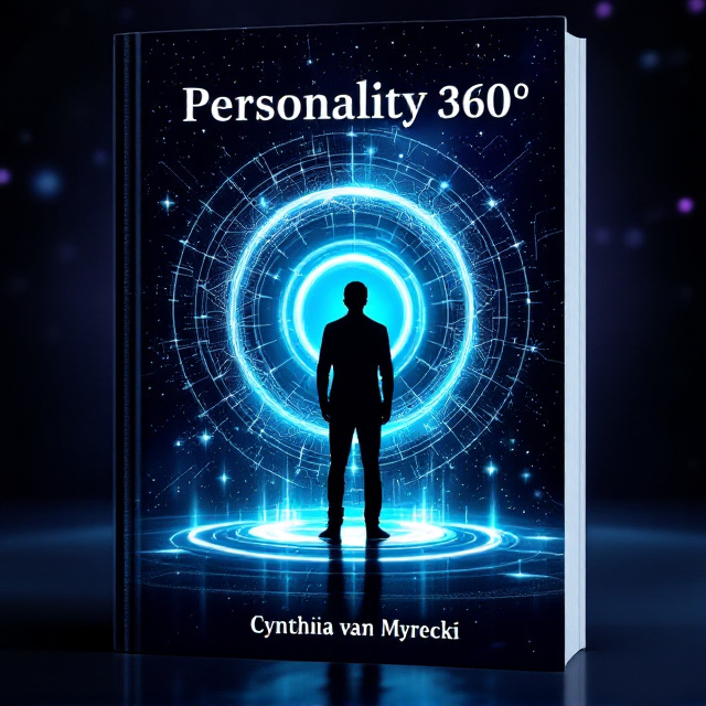 The cover features the silhouette of a person standing in the center of a glowing, ethereal 360° circular design. The circle is intricate, incorporating patterns of stars, abstract neural networks, and faint supernatural light beams that radiate outward, giving the impression of depth and mystery. The background is rich black, illuminated subtly with streaks of dark purple and neon blue light, creating a sophisticated atmosphere. Small elements like lens flares or glowing particles add a cutting-edge and supernatural touch.
