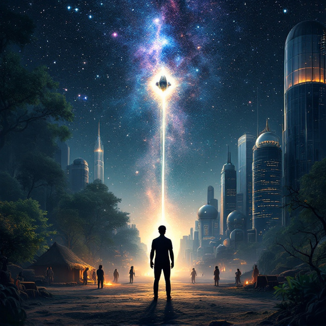 A lone human silhouette stands at the center of the cover, wearing neutral and indistinct clothing to evoke universality. On the left side of the silhouette, the backdrop features dense green forests, small thatched huts, bonfires, and figures dancing or working, symbolizing primitive civilization. On the right side, futuristic silver skyscrapers rise, their glass façades reflecting glowing artificial light. Metallic domes and advanced technology shimmer softly, highlighted against a darker, urban skyline. Above the human silhouette stretches the wide galaxy, painted in gradients of deep blue, violet, and black, with stars scattered. A faintly visible starship, intricate in detail, hovers in the galaxy with a subtle glow, creating awe-inspired mystery.