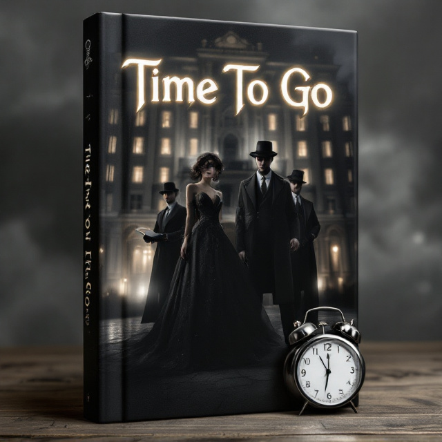 A grand, vintage hotel facade occupies the background of the cover, lit by eerie moonlight and mysterious shadows. In the foreground stands a woman in an elaborate 1919-era gown flanked by two men wearing trench coats and fedora hats. They look tense and focused, holding a private invitation card with the words "Time To Go" written in sleek, silver script glowing faintly. A silver clock sits ominously in the lower right corner, its hands stuck at 1159. Subtle hints of glowing gears and machinery, representing the time machine, are visible in the basement window below the hotel.