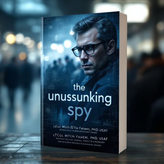 A blurry image of a mid-40s male scientist wearing rimmed glasses, subtly blending into a crowd at a dimly lit train station. His face is obscured enough to create intrigue, while figures in trench coats and hats are faintly visible in the shadows, hinting at espionage. A scientific diagram subtly incorporated into the background in faint outlines. The edges of the cover are softened with a gradient of blue tones to match the primary color preference and elevate the sense of mystery.