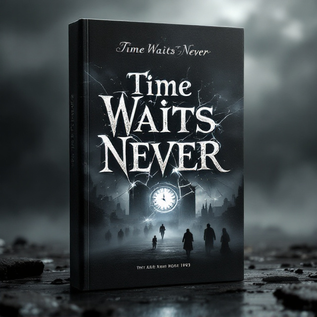A mysterious black-and-white color scheme with an image of a towering grand hotel in the background, surrounded by eerie fog. A shattered clock face with its hands frozen at midnight is featured prominently in the foreground, symbolizing urgency and chaos. Silhouettes of characters are seen running toward a distant glowing time machine, which stands out as the only object emitting bright white light in the design. The dark shapes of sinister figures loom in the background, shrouded in shadows. Above the hotel, faint glowing text scripted across the sky reads "Time Waits Never.".