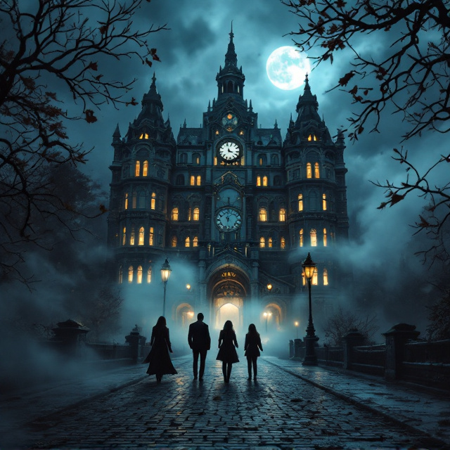 A hauntingly atmospheric depiction of a grand hotel under the pale glow of moonlight in the 1919 era. The cover features intricate Art Deco architectural details with dimly lit windows. In the foreground, three silhouetted figures stand on a cobblestone path leading to the hotel, with fog swirling around them. Shadowy tendrils of darkness begin to seep outward from the hotel, suggesting a mysterious and malevolent force. Clock gears and fragmented pieces of watches subtly blend into the mist in the background, symbolizing the race against time. The color palette consists of muted blues, silvers, and dark grays, highlighted by soft amber flickers from the windows.