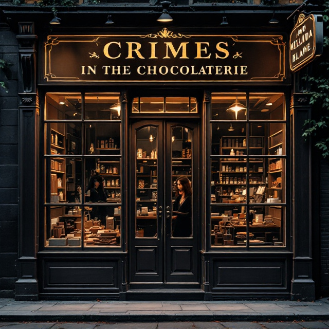 A chocolaterie is viewed from the outside, with large, vintage-style shop windows. Inside, shadows creep over the shelves of chocolates, giving an ominous feel. A mysterious brunette woman is visibly working at the counter, her face partially obscured, adding intrigue. The colors predominantly feature chocolate brown, but are tinged with unsettling accents of deep burgundy and muted golden hues. The logo on the shop's sign above the entrance is old-fashioned and elegant, subtly cracked, speaking to vintage allure combined with hidden decay. The contrast between warm, comforting tones and a slight dark undercurrent is evident throughout the design.