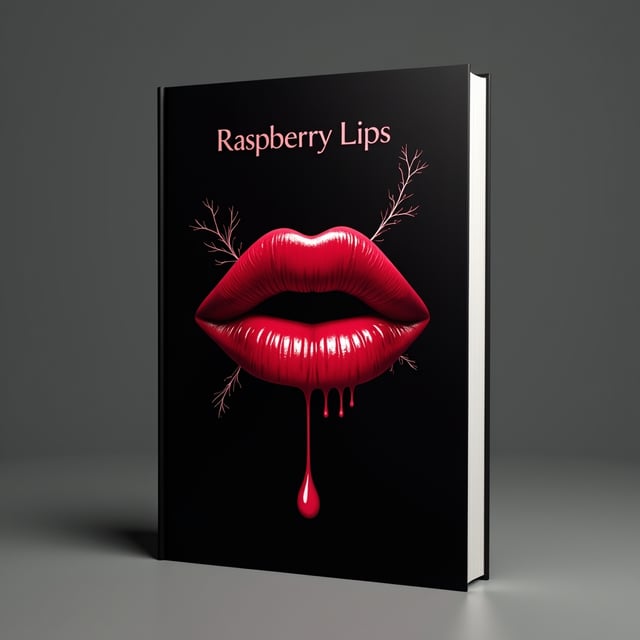 An abstract design featuring a pair of deep red lips resembling those of raspberries, with subtle cracks or bleeding edges to evoke a sense of mystery and sensuality. The lips emerge out of a smoky black background, which gradually fades to darkness at the corners. Delicate drops resembling blood or ink trail from the lips, twisting into abstract patterns like vines. A single droplet sits at the very bottom, creating an unsettling tension.