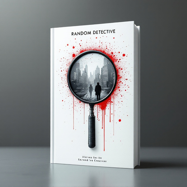 A minimalist white background with intricate linework forming the shape of a magnifying glass at the center. Inside the magnifying glass, fragmented images of a cityscape and shadows of mysterious figures fade into the background. Delicate splashes of red give a hint of suspense, blending into the white canvas subtly. A faint fingerprint pattern overlays the lower half of the cover like ghostly evidence.