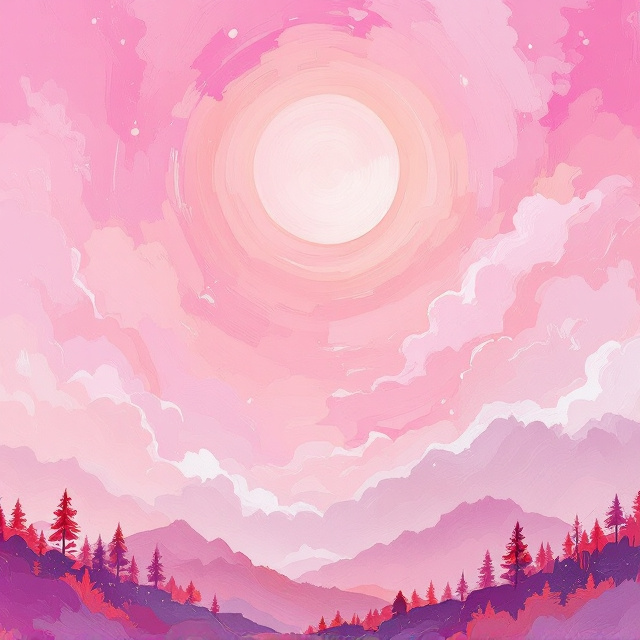 A dreamy impasto painting with brushstrokes blending various shades of pink, coral, and lavender to create a surreal pink sky. A luminous, soft pink sun dominates the top center of the cover, its glow subtly fading into the surrounding colors. Delicate, abstract clouds swirl gracefully, creating an ethereal sense of movement. Below, faint silhouettes of faraway mountains and trees add depth without distracting from the main sky focus.