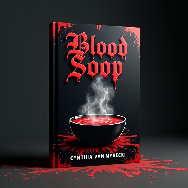 A dark black background with a dripping blood pattern across the top half of the cover. At the center, there’s an eerie silhouette of a steaming bowl of soup, surrounded by faintly visible ghostly faces emerging from the steam. The edges of the cover feature scattered crimson splashes that look like smeared blood. The imagery is hyper-realistic and unsettling.
