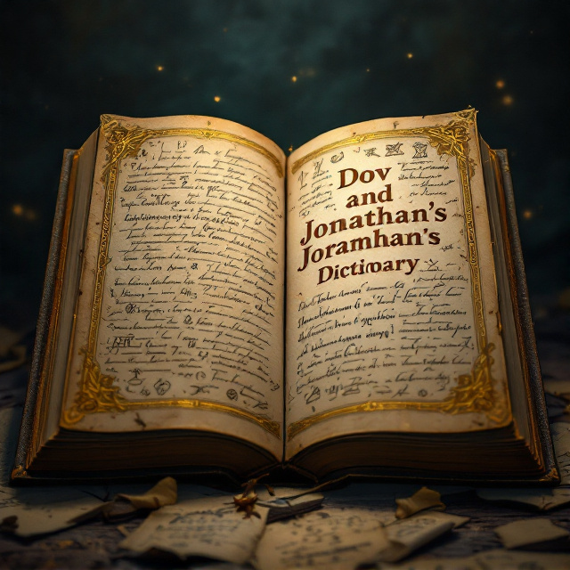 An aged, leather-bound dictionary with faded golden-edged pages subtly opened, revealing intricate old-world handwriting and sketched symbols sprawled across the pages. Surrounding the book is a dimly lit, mysterious background with subtle textures resembling parchment. The edges of the cover feature ornate borders inspired by vintage book designs. The title "Dov And Jonathan's Dictionary" is embossed in gold foil at the center of the opened book, framed by curled corners and subtle cracks to depict age.