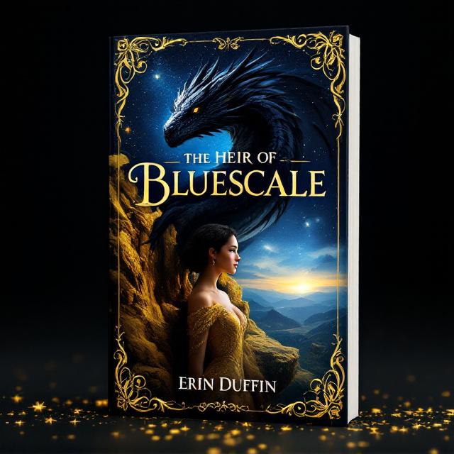 The cover features a majestic black dragon perched on a golden cliff under a starlit blue sky. Its intense, watchful eyes are fixed on a young woman with short dark hair wearing a shimmering gold gown. The distant horizon glows faintly, suggesting hope and destiny. Twirling vines of blue and gold frame the corners, enhancing the royal theme.