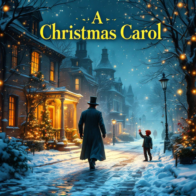 A snow-kissed Victorian London street scene illustrating Scrooge walking with the Ghost of Christmas Past, surrounded by snow-covered cobblestones. Warm golden light emanates from the figures, creating an aura of warmth that contrasts with the cool blues of the snow and street. In the upper sky, faint Christmas lights glow softly, with subtle star-like sparkles in a winter evening backdrop. Tiny Tim, standing in the distance, waves cheerfully near the door of a glowing home lit in gold and green.