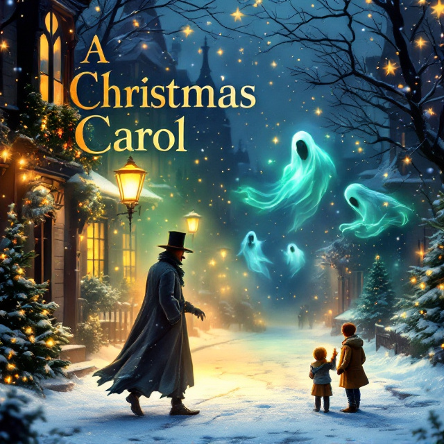 A snow-covered Victorian street scene featuring Scrooge, with ethereal outlines of the three ghosts surrounding him. The Ghost of Christmas Past emits soft golden light, Christmas Present glows warmly with green accents, and the Ghost of Yet to Come is surrounded by deep blue shadows. Tiny Tim and his family are illustrated celebrating a warm Christmas scene in the corner, with twinkling stars and snowflakes scattered across the background.