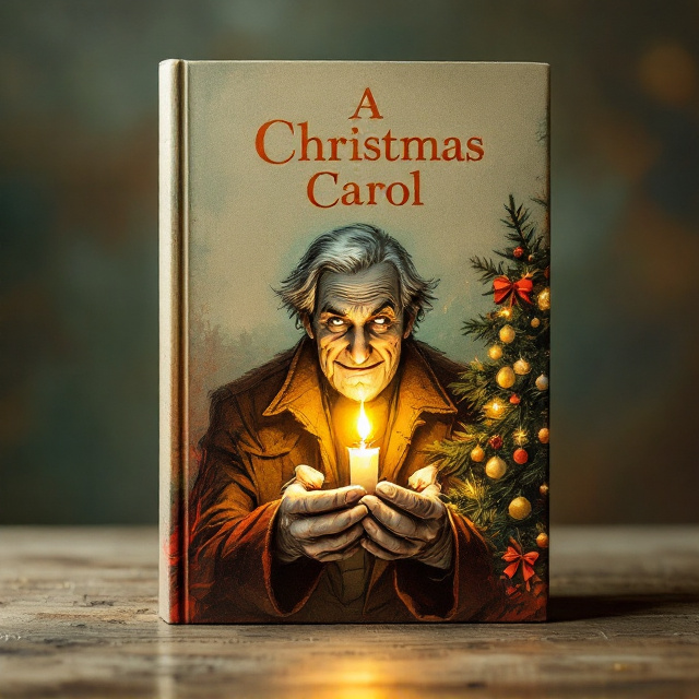 Scrooge's face captured in a hand-drawn illustration, deeply reflective, gazing at a small glowing single candle placed between his hands, symbolizing hope. Tiny Tim's family depicted in subtle, soft lines on the lower corner of the cover, with a Christmas tree on the other side under warm, glowing light. The background is textured with soft browns, greens, and warm oranges, blending harmoniously with minimal details and delicate color strokes.