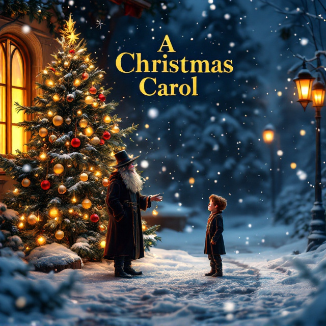 Snow gently falls on a picturesque winter night scene. In the foreground, Scrooge and Tiny Tim stand joyfully beside a brilliantly decorated Christmas tree adorned with gold and red ornaments. The background features glowing lanterns, and a warm light streams out from a nearby window, creating a cozy contrast with the cold. Bells can be faintly seen ringing in the distance, adding to the festive atmosphere.
