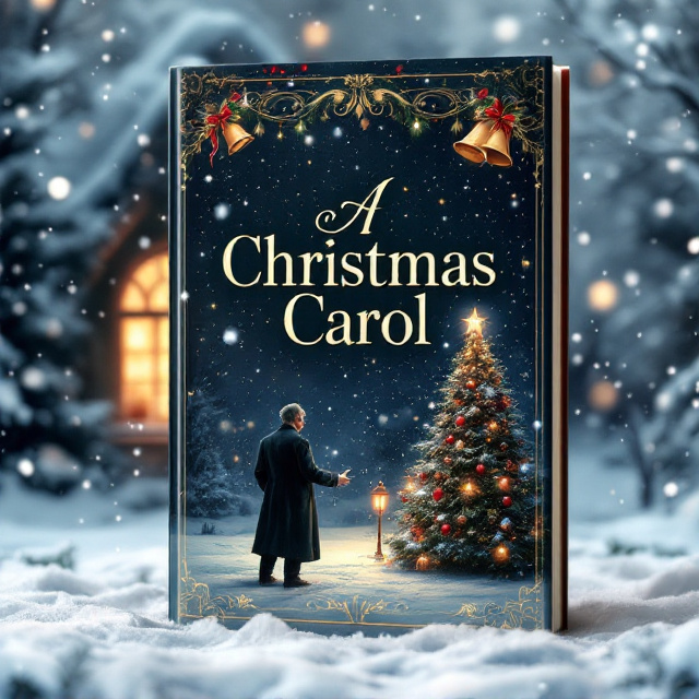 A snowy Christmas night scene with softly falling snowflakes against a deep winter white background. Scrooge stands near a richly decorated Christmas tree, adorned with glowing lanterns and sparkling red and gold ornaments. In the background, a cozy house window emits a warm golden glow, evoking feelings of warmth and cheer. Faint outlines of bells ringing in the distance, integrated within the snowy backdrop, create a magical, festive atmosphere.