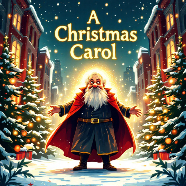 A modern, illustrated depiction of Scrooge, surrounded by the three ghosts (Past, Present, and Yet to Come), each represented vividly with unique details. Bright snowflakes falling against an illuminated city backdrop. Scrooge’s transformation is conveyed by a glowing golden aura around him, while festive lights and snow-covered Christmas trees frame the composition. Bold, clean lines are used, with a color palette of bright reds, greens, and yellows to evoke warmth and festivity.