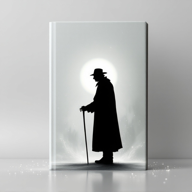A single silhouette of Ebenezer Scrooge standing slightly hunched with a cane, facing left, positioned centrally on the cover. Around his figure is a faint, glowing outline fading into a subtle halo effect, symbolizing transformation. In the background, vague shadow-like streaks suggest the presence of ghosts or Christmas magic without overwhelming detail. The overall simplicity is accentuated by a clean background in light gray, with shades of black and white creating contrasting depth.