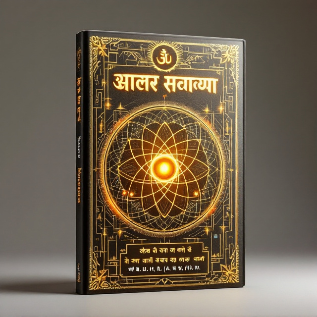 The cover employs a rich golden background with intricate geometric patterns resembling ancient Jain temple carvings. A subtle halo surrounds a symbolic atom placed at the center, blending modern scientific diagrams with elements like lotus petals to represent spirituality. The top section includes a Jain symbol (Swastika or Aum) to emphasize the religious context. Soft gradients and glowing elements add depth and mysticism.