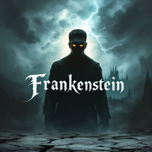 A central, shadowy outline of the Monster, his face barely visible with faintly glowing, sunken eyes peering out from the darkness. Lightning bolts crackle behind him, illuminating jagged Gothic spires in the distant background. The foreground fades into a desolate, barren landscape, with cracks on the ground suggesting decay and despair. A swirling, storm-filled sky with a mix of pale blue and dark charcoal tones dominates the background. Subtle textures of aged parchment overlay the entire cover, adding a sense of foreboding.